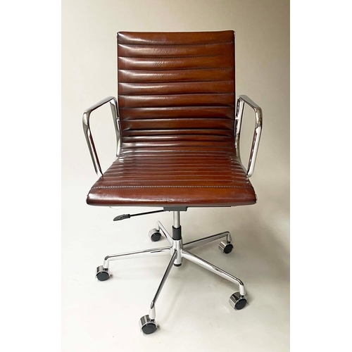 93 - REVOLVING DESK CHAIR, Charles & Ray Eames inspired with ribbed natural soft hand finished tan brown ... 