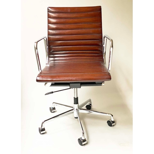 93 - REVOLVING DESK CHAIR, Charles & Ray Eames inspired with ribbed natural soft hand finished tan brown ... 