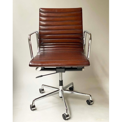 93 - REVOLVING DESK CHAIR, Charles & Ray Eames inspired with ribbed natural soft hand finished tan brown ... 