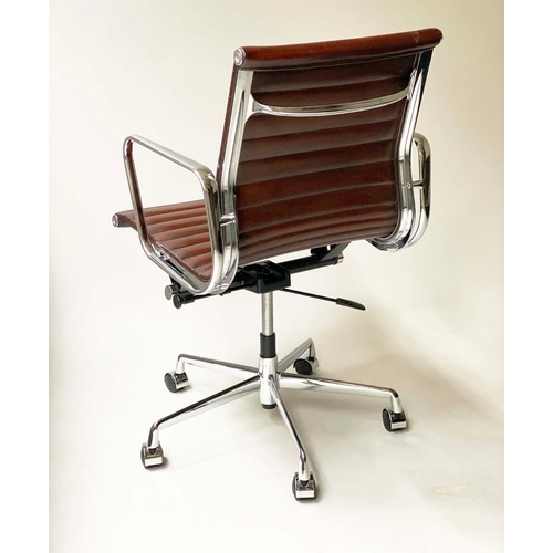 93 - REVOLVING DESK CHAIR, Charles & Ray Eames inspired with ribbed natural soft hand finished tan brown ... 