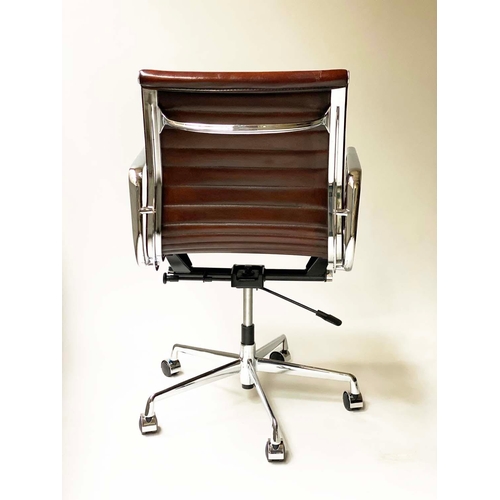 93 - REVOLVING DESK CHAIR, Charles & Ray Eames inspired with ribbed natural soft hand finished tan brown ... 