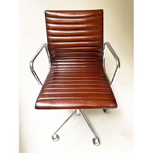 93 - REVOLVING DESK CHAIR, Charles & Ray Eames inspired with ribbed natural soft hand finished tan brown ... 