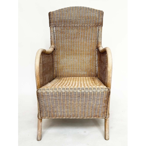 95 - GARDEN/ORANGERY ARMCHAIRS, a pair, rattan framed and cane panelled with arched backs and bent arms, ... 