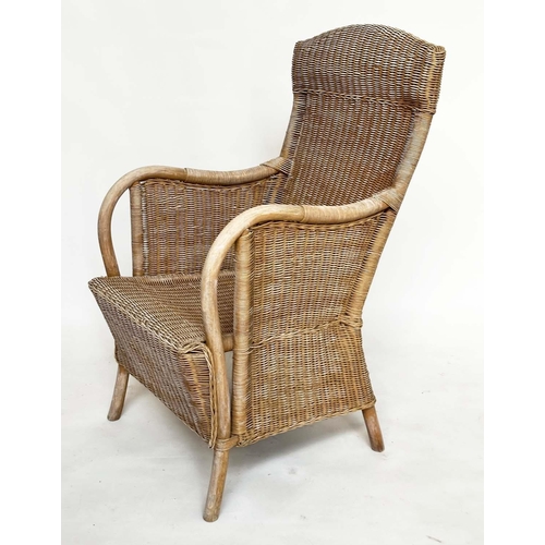 95 - GARDEN/ORANGERY ARMCHAIRS, a pair, rattan framed and cane panelled with arched backs and bent arms, ... 