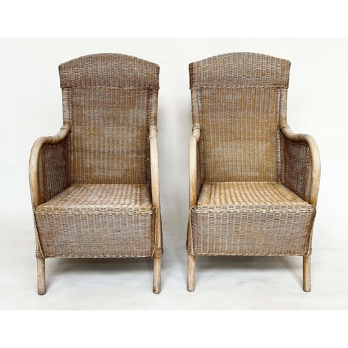 95 - GARDEN/ORANGERY ARMCHAIRS, a pair, rattan framed and cane panelled with arched backs and bent arms, ... 