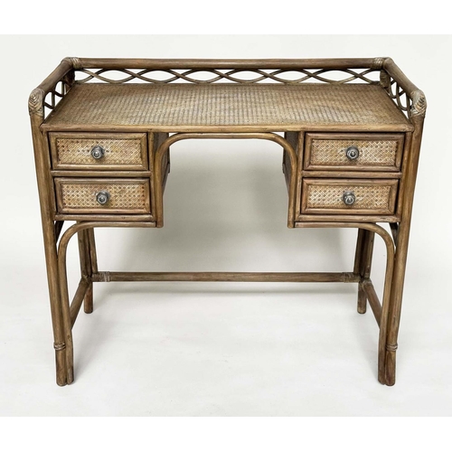 96 - BAMBOO WRITING TABLE BY 'Angraves' Leicester, rattan framed, wicker panelled and four short drawers,... 