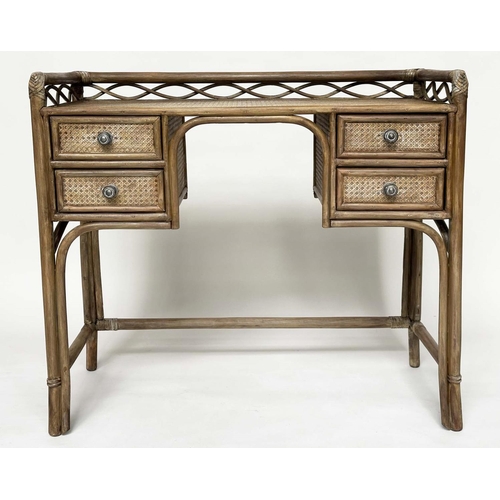 96 - BAMBOO WRITING TABLE BY 'Angraves' Leicester, rattan framed, wicker panelled and four short drawers,... 