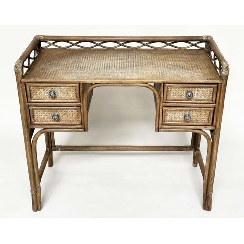 96 - BAMBOO WRITING TABLE BY 'Angraves' Leicester, rattan framed, wicker panelled and four short drawers,... 