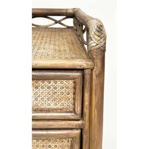 96 - BAMBOO WRITING TABLE BY 'Angraves' Leicester, rattan framed, wicker panelled and four short drawers,... 