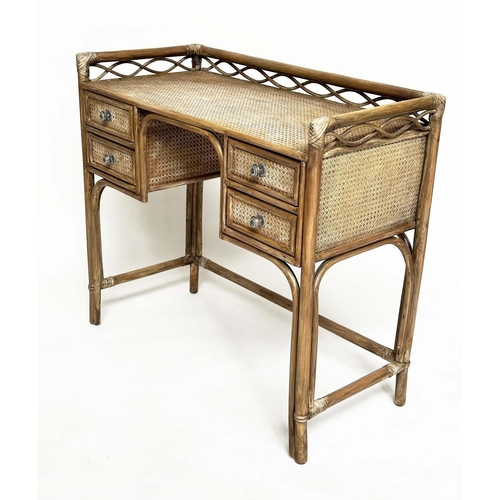 96 - BAMBOO WRITING TABLE BY 'Angraves' Leicester, rattan framed, wicker panelled and four short drawers,... 