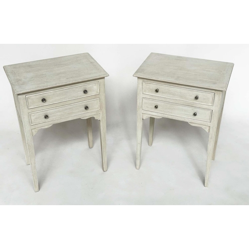 98 - BEDSIDE/LAMP TABLES, a pair, French style grey painted each with two drawers, 45cm x 30cm x 64cm H. ... 