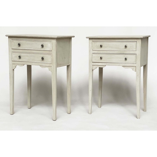 98 - BEDSIDE/LAMP TABLES, a pair, French style grey painted each with two drawers, 45cm x 30cm x 64cm H. ... 