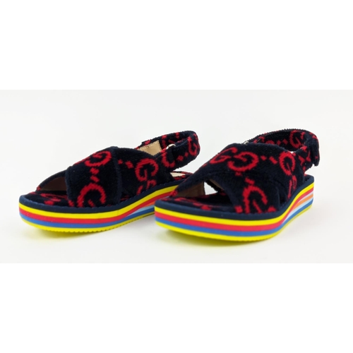 44 - GUCCI CHILDREN TOWELLING SANDALS, monogrammed, with slingback velcro strap closure, rubber rainbow s... 