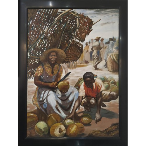 66 - FOLLOWER OF WINSLOW HOMER, 'Market Scene with Coconut Traders', oil on board, 115cm x 80cm, framed.