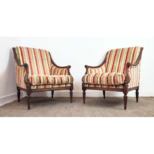 166 - BERGERES, a pair, shaped mahogany frames with spiral twist supports, upholstered in striped cut velv... 