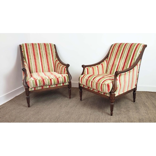 166 - BERGERES, a pair, shaped mahogany frames with spiral twist supports, upholstered in striped cut velv... 