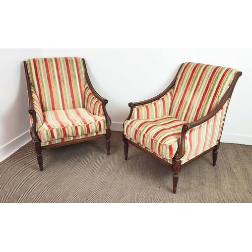 166 - BERGERES, a pair, shaped mahogany frames with spiral twist supports, upholstered in striped cut velv... 