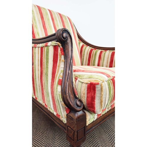 166 - BERGERES, a pair, shaped mahogany frames with spiral twist supports, upholstered in striped cut velv... 