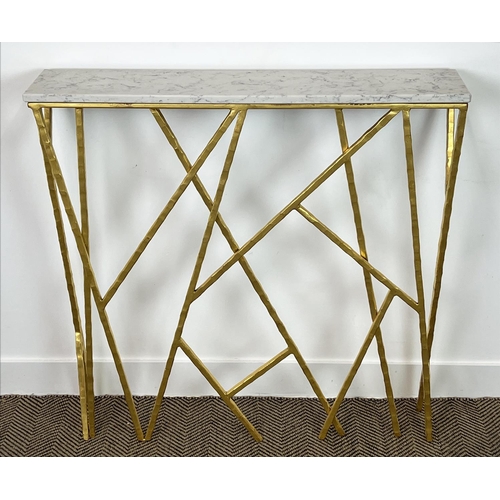 167 - CONSOLE TABLE, Bespoke blacksmith made, gilt metal hammered base, with a rectangular marble top,  99... 