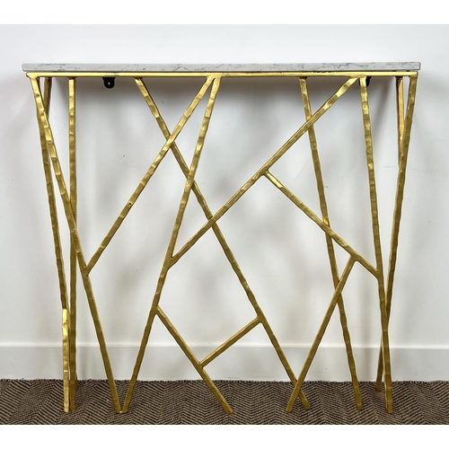 167 - CONSOLE TABLE, Bespoke blacksmith made, gilt metal hammered base, with a rectangular marble top,  99... 