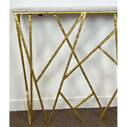 167 - CONSOLE TABLE, Bespoke blacksmith made, gilt metal hammered base, with a rectangular marble top,  99... 