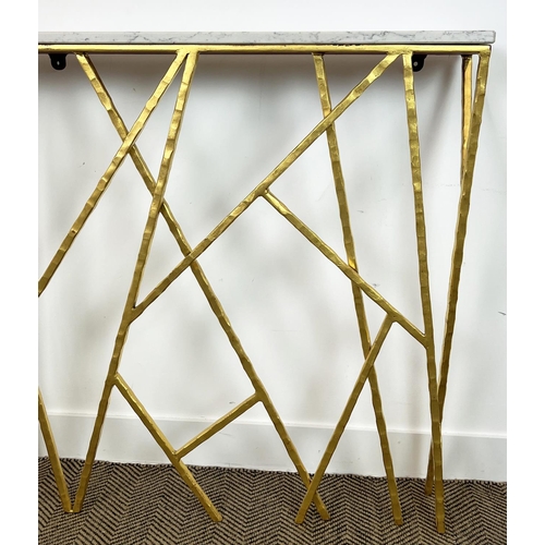 167 - CONSOLE TABLE, Bespoke blacksmith made, gilt metal hammered base, with a rectangular marble top,  99... 