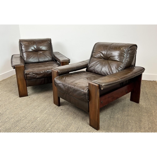 168 - LOUNGE CHAIRS, a pair, Danish circa 1960s, stitched tan leather and teak framed, 75cm H x 88cm W x 8... 