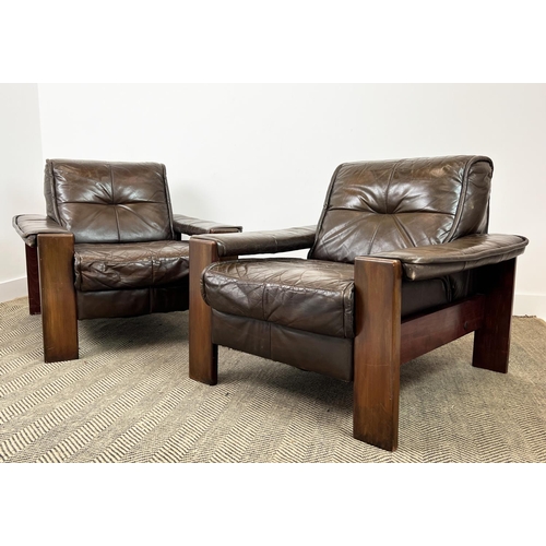 168 - LOUNGE CHAIRS, a pair, Danish circa 1960s, stitched tan leather and teak framed, 75cm H x 88cm W x 8... 