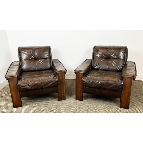 168 - LOUNGE CHAIRS, a pair, Danish circa 1960s, stitched tan leather and teak framed, 75cm H x 88cm W x 8... 