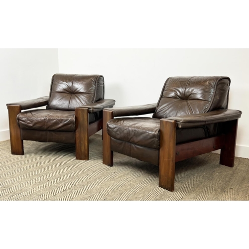 168 - LOUNGE CHAIRS, a pair, Danish circa 1960s, stitched tan leather and teak framed, 75cm H x 88cm W x 8... 