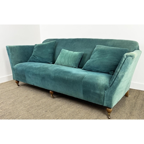 170 - SOFA, traditional style upholstered in teal cord velvet upholstery with turned supports and castors,... 