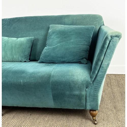 170 - SOFA, traditional style upholstered in teal cord velvet upholstery with turned supports and castors,... 