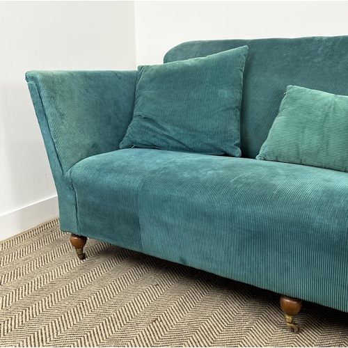 170 - SOFA, traditional style upholstered in teal cord velvet upholstery with turned supports and castors,... 