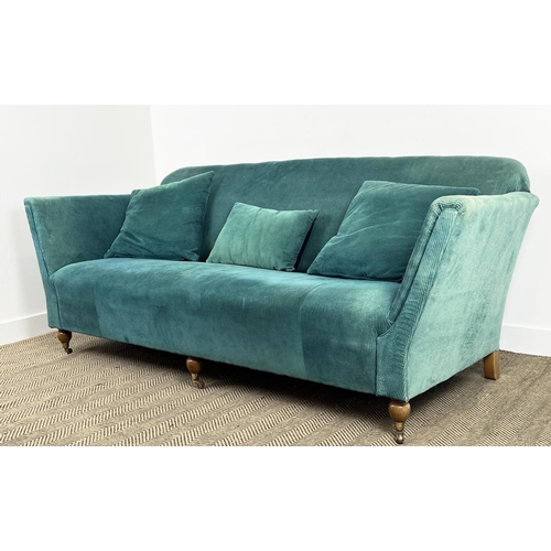 170 - SOFA, traditional style upholstered in teal cord velvet upholstery with turned supports and castors,... 