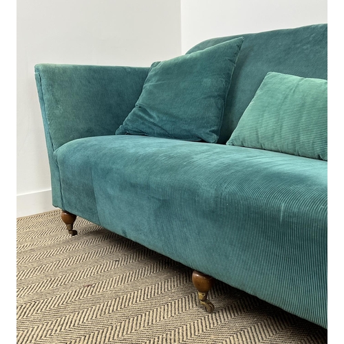 170 - SOFA, traditional style upholstered in teal cord velvet upholstery with turned supports and castors,... 