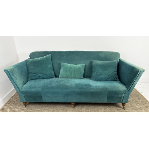 170 - SOFA, traditional style upholstered in teal cord velvet upholstery with turned supports and castors,... 