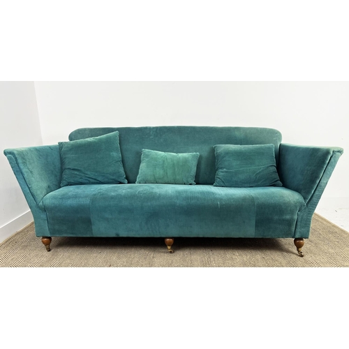 170 - SOFA, traditional style upholstered in teal cord velvet upholstery with turned supports and castors,... 