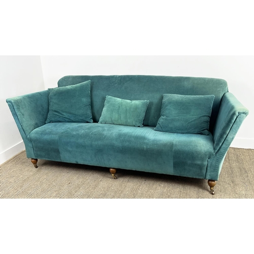 170 - SOFA, traditional style upholstered in teal cord velvet upholstery with turned supports and castors,... 