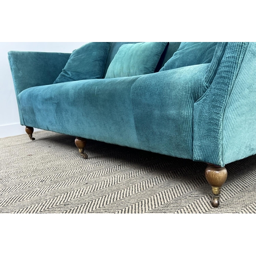 170 - SOFA, traditional style upholstered in teal cord velvet upholstery with turned supports and castors,... 