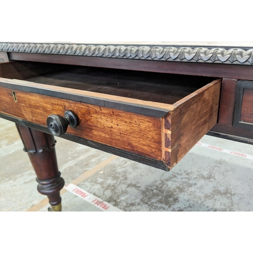 177 - LIBRARY TABLE, George IV mahogany and ebonised, circa 1830, with lined top above six real drawers an... 