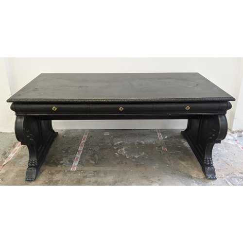 178 - LIBRARY TABLE, 20th century Italian ebonised with three frieze drawers, 79cm H x 180cm W x 100cm D.