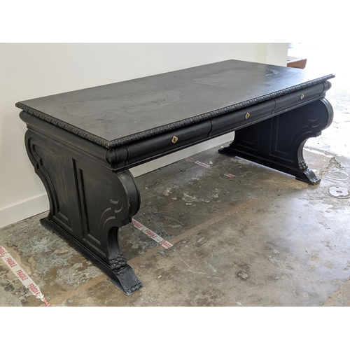 178 - LIBRARY TABLE, 20th century Italian ebonised with three frieze drawers, 79cm H x 180cm W x 100cm D.