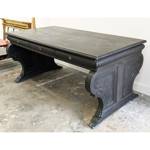 178 - LIBRARY TABLE, 20th century Italian ebonised with three frieze drawers, 79cm H x 180cm W x 100cm D.