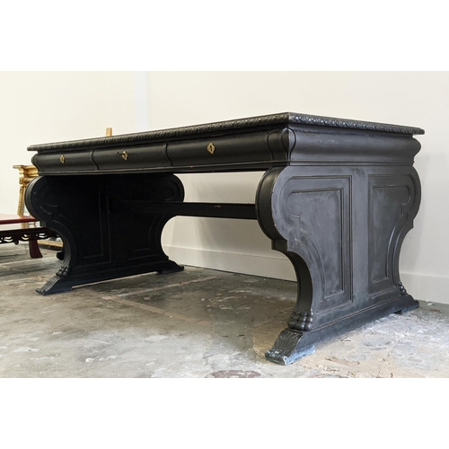 178 - LIBRARY TABLE, 20th century Italian ebonised with three frieze drawers, 79cm H x 180cm W x 100cm D.