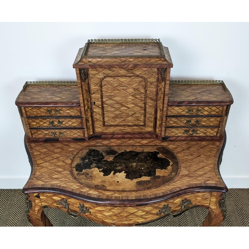 182 - BONHEUR DU JOUR, Victorian parquetry and gilt metal mounted with seven drawers and a door, 120cm H x... 