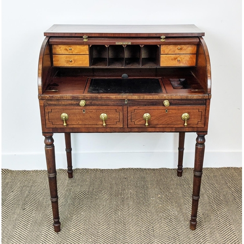 183 - ROLL TOP DESK, Regency mahogany and ebonised strung, circa 1810, with tambour fall, real and dummy s... 