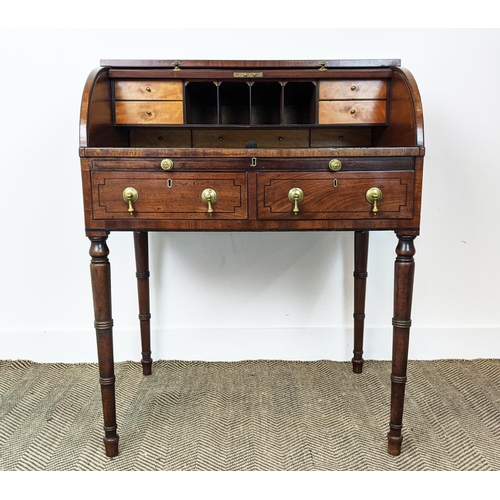 183 - ROLL TOP DESK, Regency mahogany and ebonised strung, circa 1810, with tambour fall, real and dummy s... 