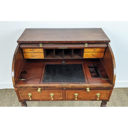 183 - ROLL TOP DESK, Regency mahogany and ebonised strung, circa 1810, with tambour fall, real and dummy s... 