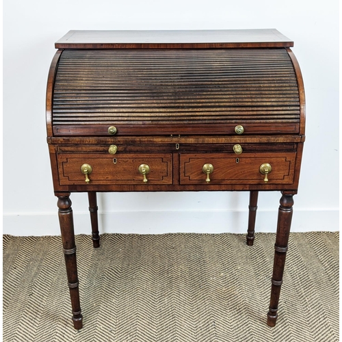 183 - ROLL TOP DESK, Regency mahogany and ebonised strung, circa 1810, with tambour fall, real and dummy s... 