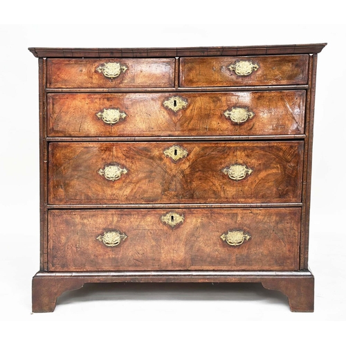 187 - CHEST, early 18th century English Queen Anne figured walnut and crossbanded, with two short and thre... 